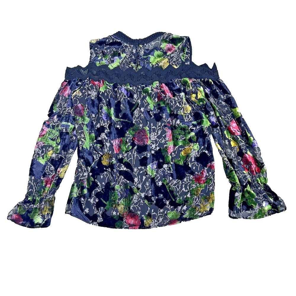 Daniel Rainn Burnout Velvet Cold Shoulder Blouse L Black Floral Romantic Boho‎